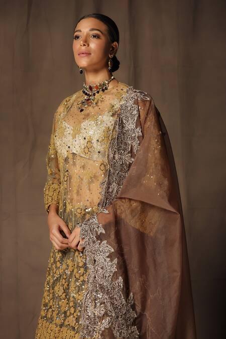 Shop_tara thakur_Brown Tissue, Net Sequins, Embroidery Round Neck Tunic Sharara Set _Online_at_Aza_Fashions