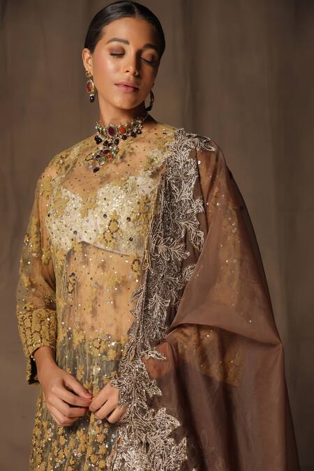 tara thakur_Brown Tissue, Net Sequins, Embroidery Round Neck Tunic Sharara Set _at_Aza_Fashions
