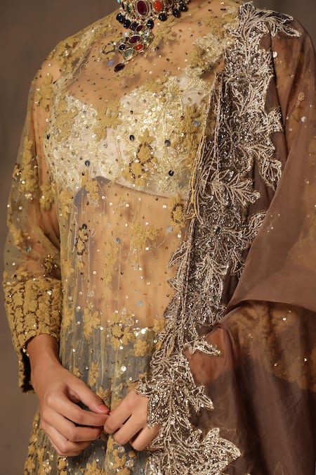 Buy_tara thakur_Brown Tissue, Net Sequins, Embroidery Round Neck Tunic Sharara Set 