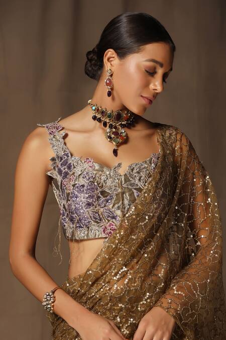 tara thakur_Brown Net Sequins, Embroidery Sweetheart Neck Blouse And Pre-draped Saree Set _Online_at_Aza_Fashions