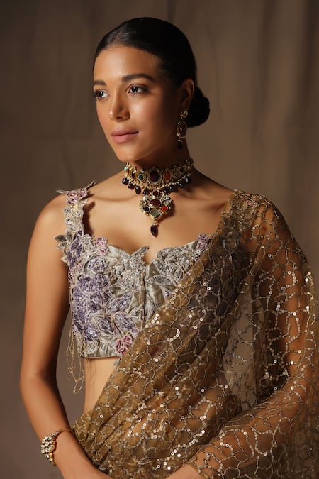 Buy_tara thakur_Brown Net Sequins, Embroidery Sweetheart Neck Blouse And Pre-draped Saree Set _Online_at_Aza_Fashions