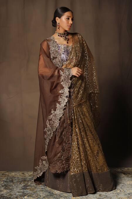 Shop_tara thakur_Brown Net Sequins, Embroidery Sweetheart Neck Blouse And Pre-draped Saree Set _Online_at_Aza_Fashions