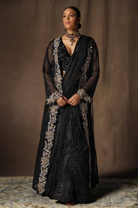 Buy_tara thakur_Black Net Sequins, Embroidery V-, Open Jacket Pre-draped Saree Set _Online_at_Aza_Fashions