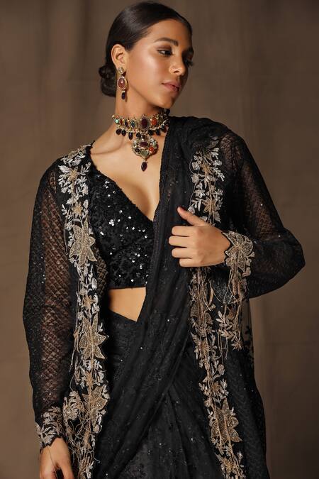 Shop_tara thakur_Black Net Sequins, Embroidery V-, Open Jacket Pre-draped Saree Set _Online_at_Aza_Fashions