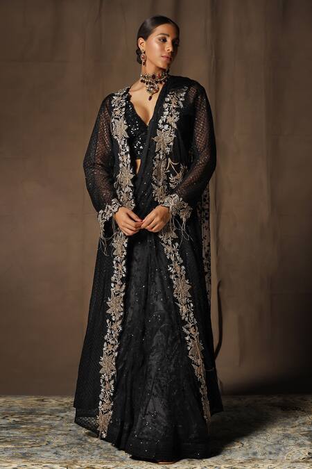 tara thakur_Black Net Sequins, Embroidery V-, Open Jacket Pre-draped Saree Set _at_Aza_Fashions