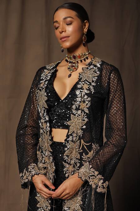 Buy_tara thakur_Black Polyester, Net Sequins, Embroidery V-, Open Jacket Pant Set _Online_at_Aza_Fashions