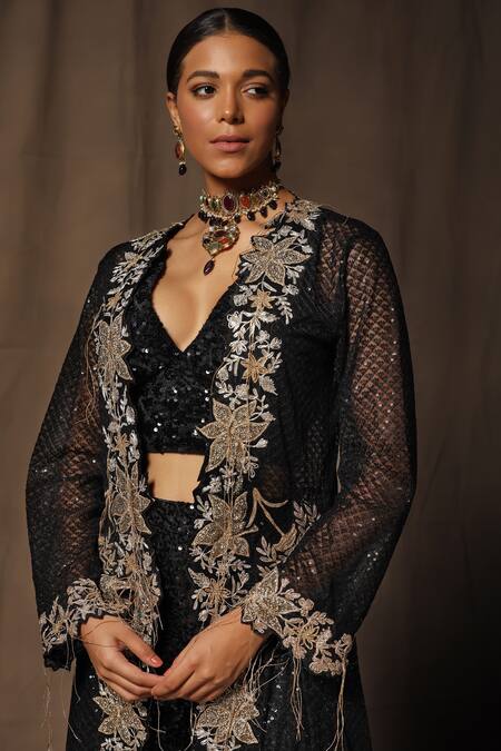 Shop_tara thakur_Black Polyester, Net Sequins, Embroidery V-, Open Jacket Pant Set _Online_at_Aza_Fashions