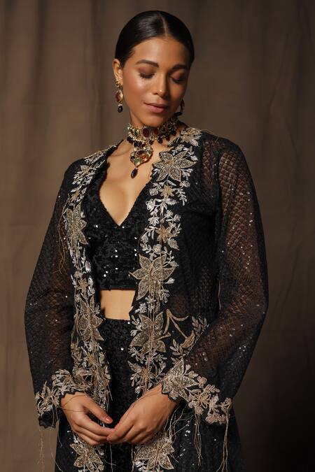 tara thakur_Black Polyester, Net Sequins, Embroidery V-, Open Jacket Pant Set _at_Aza_Fashions