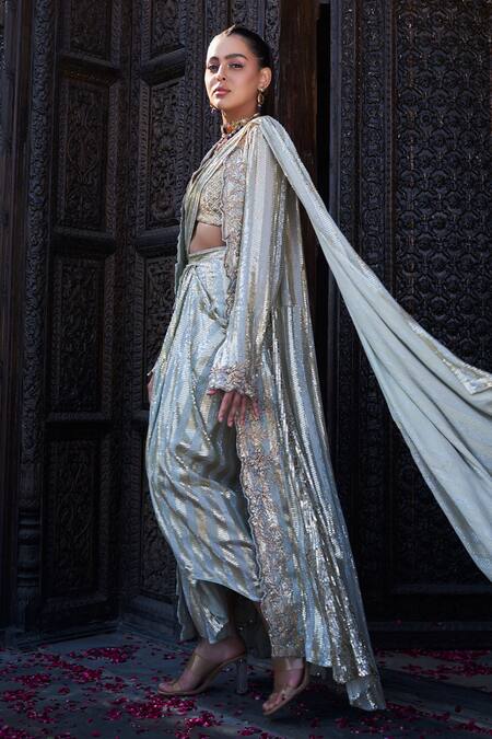 tara thakur Ivory Polyester Sequins V-neck, Embroidered Pre-draped Saree Set With Jacket Online at Aza Fashions tara thakur_Ivory Polyester Sequins V-neck, Embroidered Pre-draped Saree Set With Jacket _Online_at_Aza_Fashions