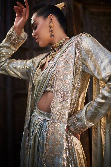 Buy tara thakur Ivory Polyester Sequins V-neck, Embroidered Pre-draped Saree Set With Jacket Online at Aza Fashions Buy_tara thakur_Ivory Polyester Sequins V-neck, Embroidered Pre-draped Saree Set With Jacket _Online_at_Aza_Fashions