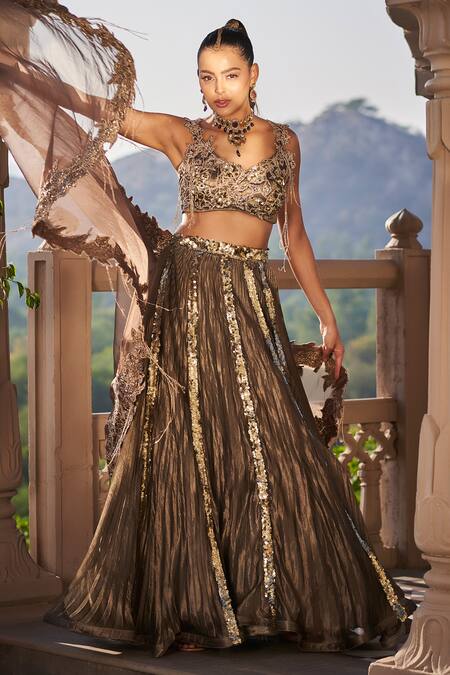 tara thakur Brown Tissue Sequins V-neck Copper Embroidered Lehenga Set Online at Aza Fashions tara thakur_Brown Tissue Sequins V-neck Copper Embroidered Lehenga Set _Online_at_Aza_Fashions