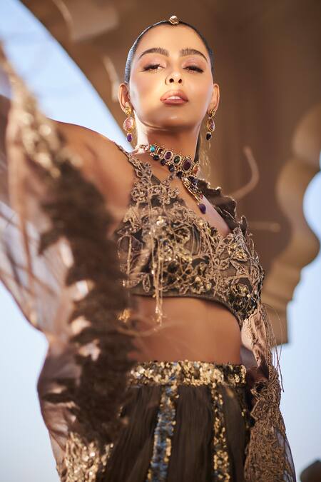 Buy tara thakur Brown Tissue Sequins V-neck Copper Embroidered Lehenga Set Online at Aza Fashions Buy_tara thakur_Brown Tissue Sequins V-neck Copper Embroidered Lehenga Set _Online_at_Aza_Fashions