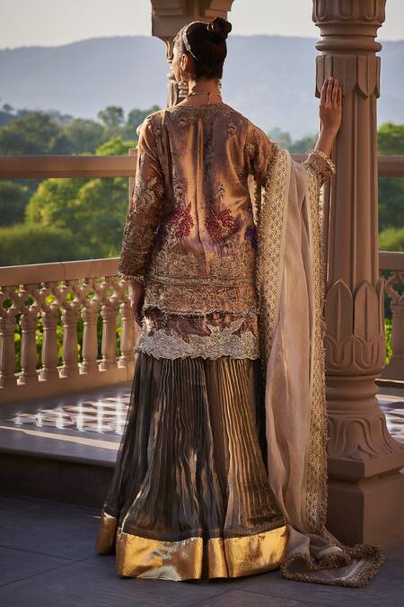 Shop tara thakur Brown Velvet, Tissue, Brocade Embroidery, Zari Round Neck Kurta Pant Set at Aza Fashions Shop_tara thakur_Brown Velvet, Tissue, Brocade Embroidery, Zari Round Neck Kurta Pant Set _at_Aza_Fashions