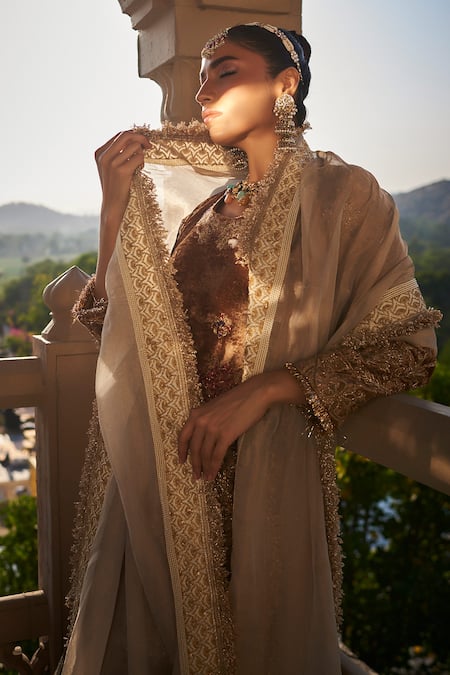 Shop tara thakur Brown Velvet, Tissue, Brocade Embroidery, Zari Round Neck Kurta Pant Set Online at Aza Fashions Shop_tara thakur_Brown Velvet, Tissue, Brocade Embroidery, Zari Round Neck Kurta Pant Set _Online_at_Aza_Fashions