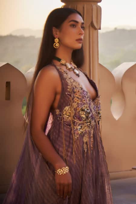 Buy_tara thakur_Purple Silk Sequins, Embroidery V-neck Dress_Online_at_Aza_Fashions