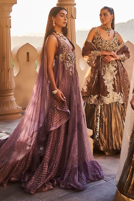 Shop_tara thakur_Purple Silk Sequins, Embroidery V-neck Dress_Online_at_Aza_Fashions