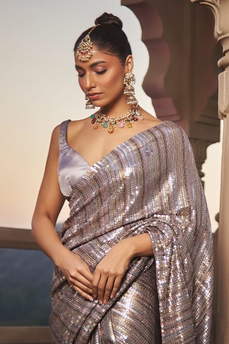 Buy tara thakur Purple Polyester Sequins V-neck Embroidered Pre-stitched Saree With Blouse Online at Aza Fashions Buy_tara thakur_Purple Polyester Sequins V-neck Embroidered Pre-stitched Saree With Blouse _Online_at_Aza_Fashions