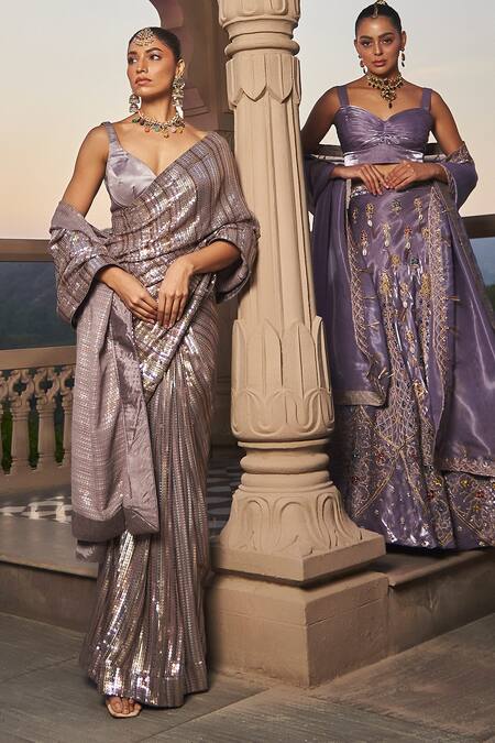 Shop tara thakur Purple Polyester Sequins V-neck Embroidered Pre-stitched Saree With Blouse Online at Aza Fashions Shop_tara thakur_Purple Polyester Sequins V-neck Embroidered Pre-stitched Saree With Blouse _Online_at_Aza_Fashions