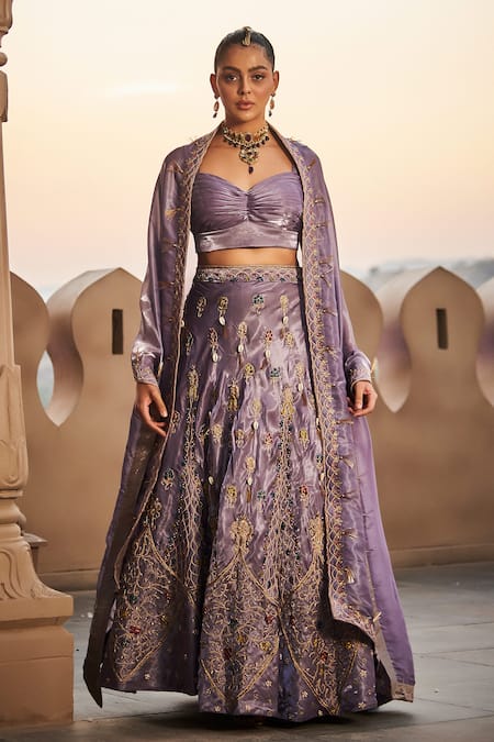 tara thakur Purple Polyester Hand Embroidered Dabka Sweetheart Blouse Lehenga Set 