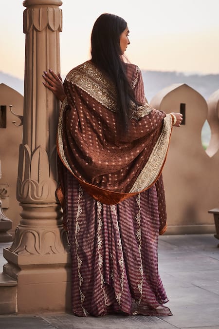 Shop tara thakur Purple Silk Zari V-neck Embroidered Draped Kaftan With Dupatta at Aza Fashions Shop_tara thakur_Purple Silk Zari V-neck Embroidered Draped Kaftan With Dupatta _at_Aza_Fashions