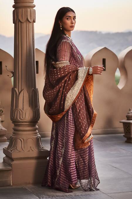 tara thakur Purple Silk Zari V-neck Embroidered Draped Kaftan With Dupatta Online at Aza Fashions tara thakur_Purple Silk Zari V-neck Embroidered Draped Kaftan With Dupatta _Online_at_Aza_Fashions