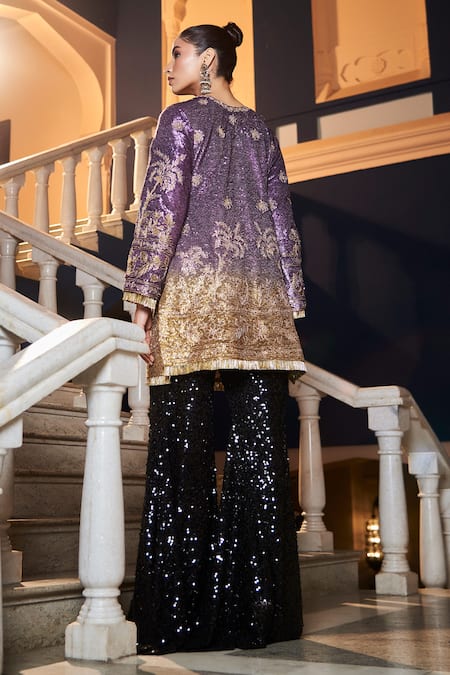 Shop tara thakur Purple Polyester Sequins Round Neck Embroidered Top And Pant Set at Aza Fashions Shop_tara thakur_Purple Polyester Sequins Round Neck Embroidered Top And Pant Set _at_Aza_Fashions