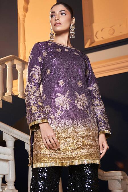 tara thakur Purple Polyester Sequins Round Neck Embroidered Top And Pant Set Online at Aza Fashions tara thakur_Purple Polyester Sequins Round Neck Embroidered Top And Pant Set _Online_at_Aza_Fashions