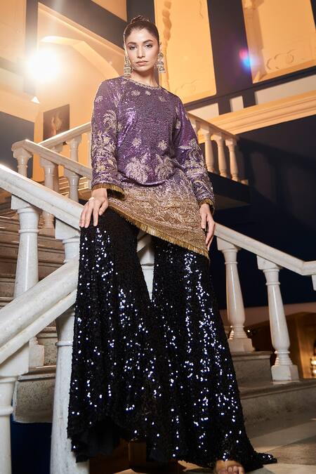Buy tara thakur Purple Polyester Sequins Round Neck Embroidered Top And Pant Set Online at Aza Fashions Buy_tara thakur_Purple Polyester Sequins Round Neck Embroidered Top And Pant Set _Online_at_Aza_Fashions