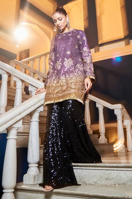 Shop tara thakur Purple Polyester Sequins Round Neck Embroidered Top And Pant Set Online at Aza Fashions Shop_tara thakur_Purple Polyester Sequins Round Neck Embroidered Top And Pant Set _Online_at_Aza_Fashions