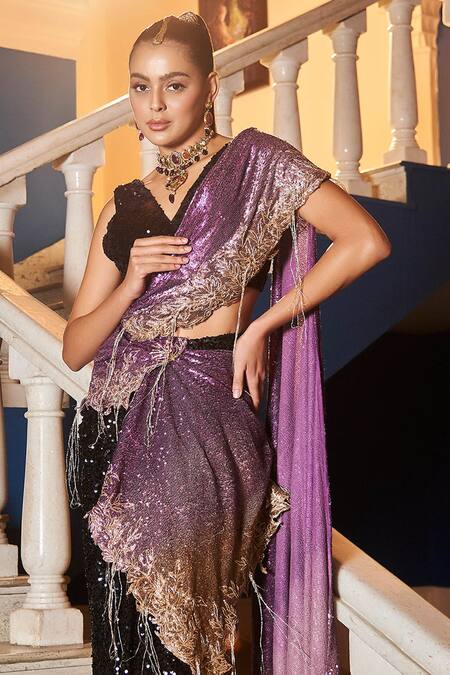 tara thakur_Purple Polyester Sequins V-neck Embroidered Pre-draped Saree With Blouse _Online_at_Aza_Fashions