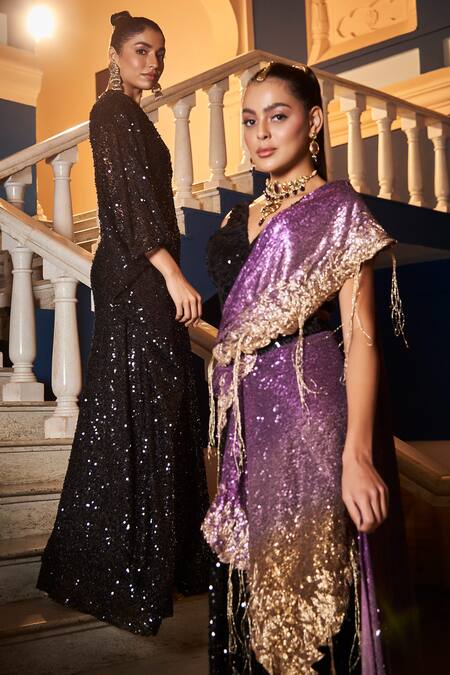 Shop_tara thakur_Purple Polyester Sequins V-neck Embroidered Pre-draped Saree With Blouse _Online_at_Aza_Fashions