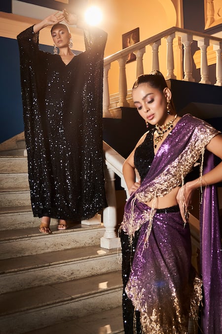 tara thakur_Black Polyester Sequins V-neck Embroidered Kaftan _Online_at_Aza_Fashions