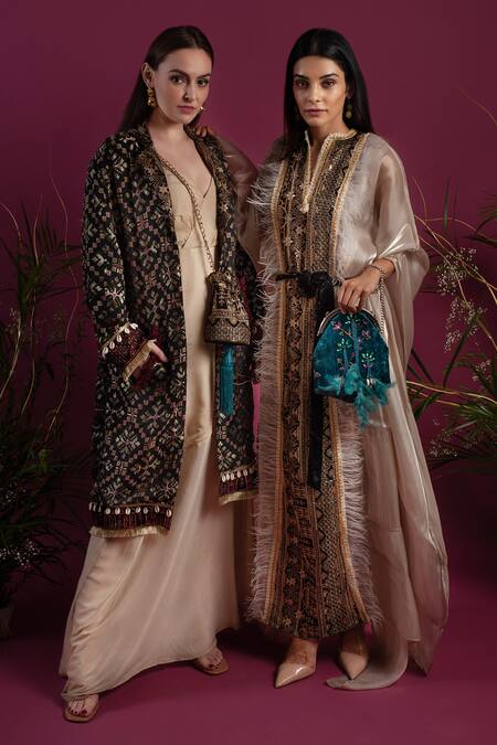 tara thakur_Black Brocade, Chiffon Embroidery Collared Jacket With Dress _Online_at_Aza_Fashions