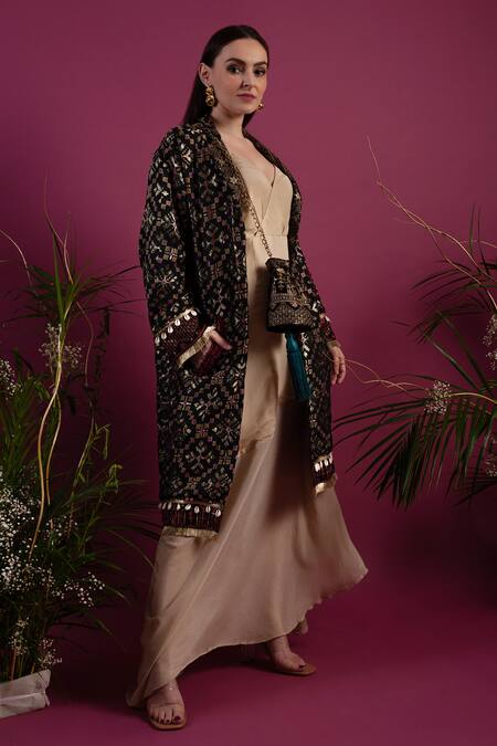 Buy_tara thakur_Black Brocade, Chiffon Embroidery Collared Jacket With Dress _Online_at_Aza_Fashions