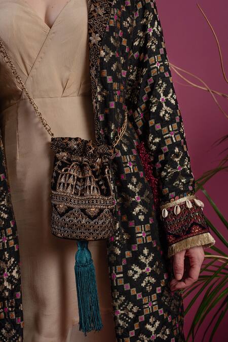 Shop_tara thakur_Black Brocade, Chiffon Embroidery Collared Jacket With Dress _Online_at_Aza_Fashions