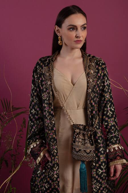 tara thakur_Black Brocade, Chiffon Embroidery Collared Jacket With Dress _at_Aza_Fashions