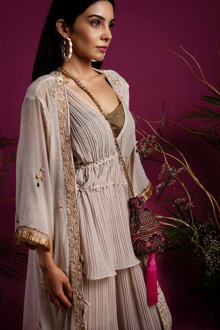 Buy_tara thakur_Ivory Organza, Georgette Diamonds, Embroidery, Stones Hand Jacket Pant Set _Online_at_Aza_Fashions