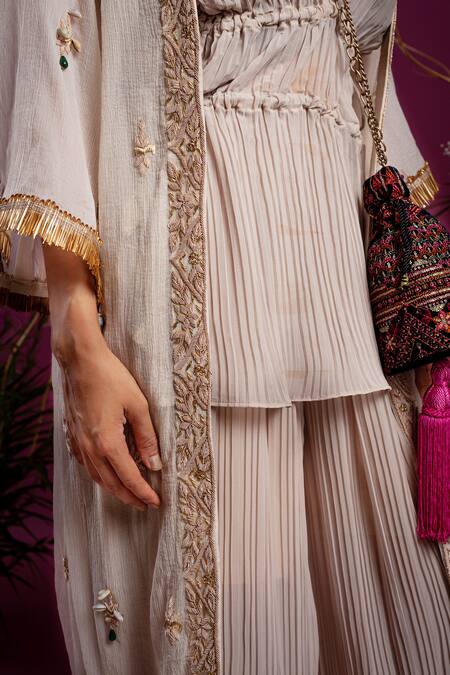 Shop_tara thakur_Ivory Organza, Georgette Diamonds, Embroidery, Stones Hand Jacket Pant Set _Online_at_Aza_Fashions