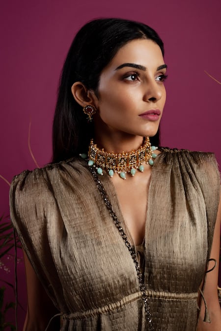 Buy_tara thakur_Green Georgette V-neck Solid Knot Jacket And Pant Set _Online_at_Aza_Fashions