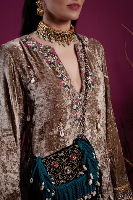 Buy tara thakur Green Velvet Diamonds, Embroidery V-neck Hand Dress Online at Aza Fashions Buy_tara thakur_Green Velvet Diamonds, Embroidery V-neck Hand Dress _Online_at_Aza_Fashions