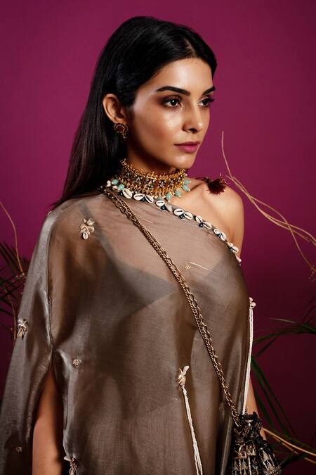 Buy_tara thakur_Green Organza, Silk Feathers, Cut Shell Embellished Asymmetric Tunic With Pant _Online_at_Aza_Fashions