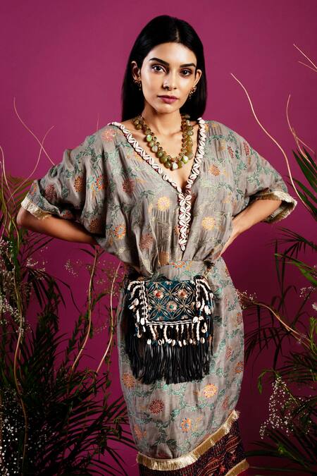 tara thakur_Green Brocade Feathers V-neck Woven Floral Kaftan Dress _Online_at_Aza_Fashions