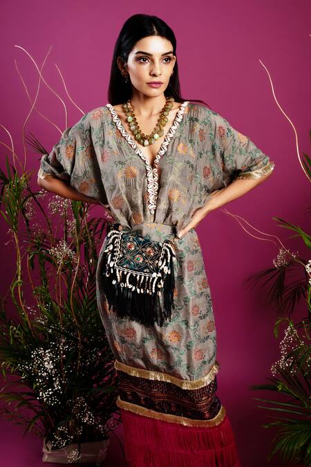 Buy_tara thakur_Green Brocade Feathers V-neck Woven Floral Kaftan Dress _Online_at_Aza_Fashions