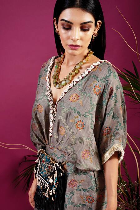 Shop_tara thakur_Green Brocade Feathers V-neck Woven Floral Kaftan Dress _Online_at_Aza_Fashions
