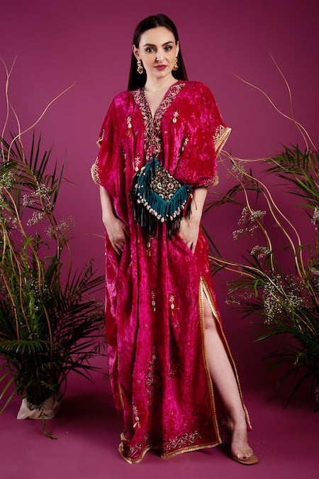 tara thakur Velvet Zari Embroidered Kaftan Dress 