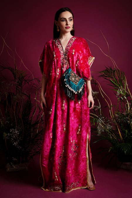 tara thakur Velvet Zari Embroidered Kaftan Dress 