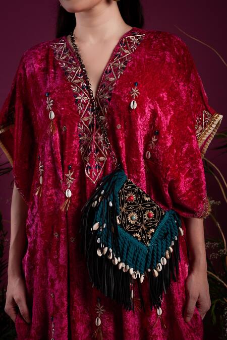 Buy_tara thakur_Fuchsia Velvet Beads V-neck Zari Embroidered Kaftan Dress _Online_at_Aza_Fashions