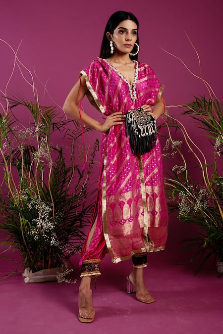 tara thakur Fuchsia Brocade Embroidery V-neck Zari Floral Knot Top With Cuff Pant Online at Aza Fashions tara thakur_Fuchsia Brocade Embroidery V-neck Zari Floral Knot Top With Cuff Pant _Online_at_Aza_Fashions