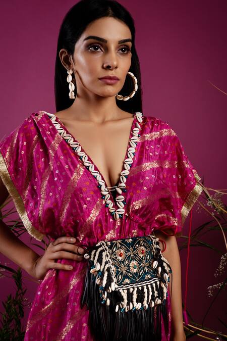 Buy tara thakur Fuchsia Brocade Embroidery V-neck Zari Floral Knot Top With Cuff Pant Online at Aza Fashions Buy_tara thakur_Fuchsia Brocade Embroidery V-neck Zari Floral Knot Top With Cuff Pant _Online_at_Aza_Fashions