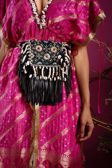 Shop tara thakur Fuchsia Brocade Embroidery V-neck Zari Floral Knot Top With Cuff Pant Online at Aza Fashions Shop_tara thakur_Fuchsia Brocade Embroidery V-neck Zari Floral Knot Top With Cuff Pant _Online_at_Aza_Fashions